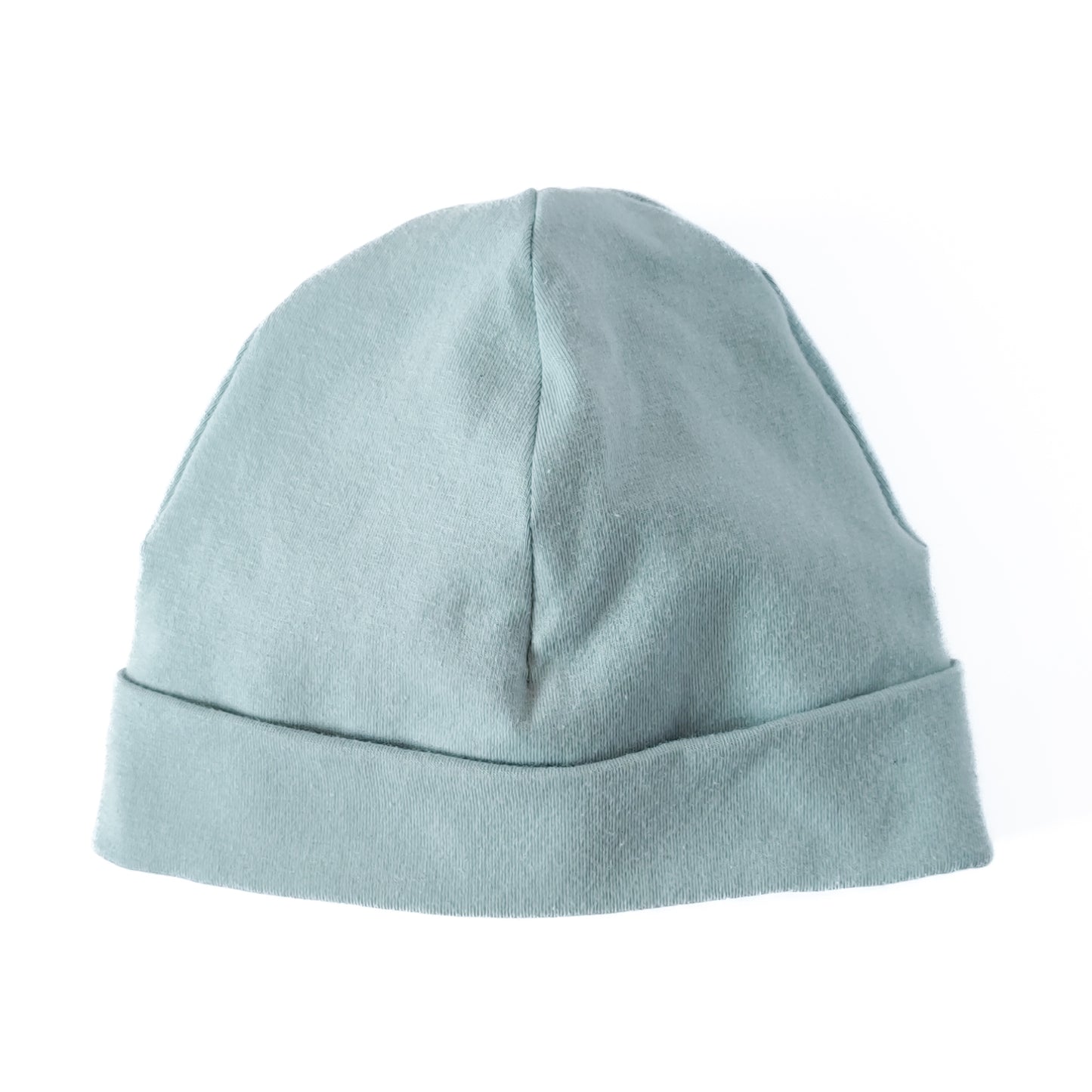 Vorderansicht einer Beanie mit Umschlag in der Farbe blau