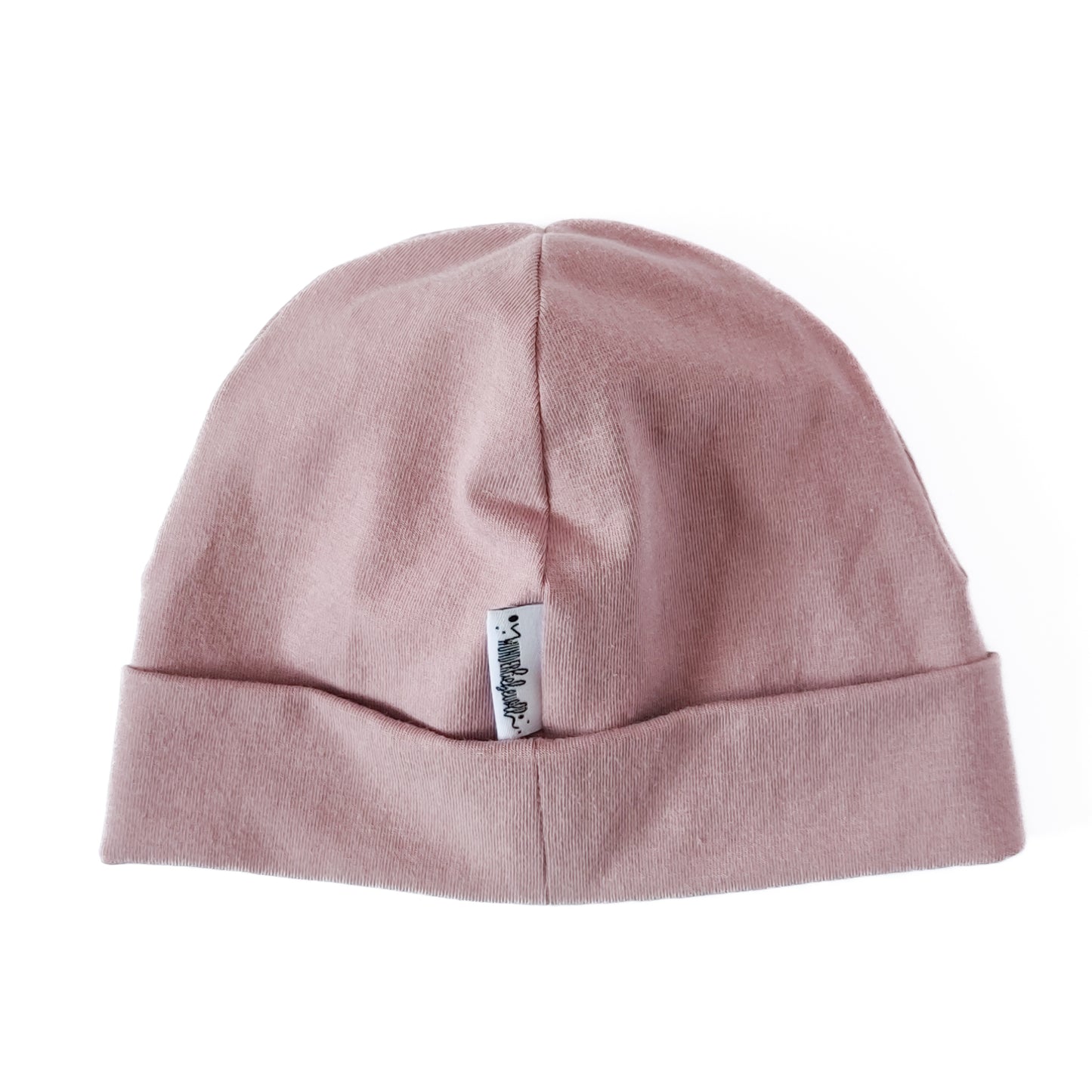 Rückansicht einer Beanie mit Umschlag in der Farbe rosa