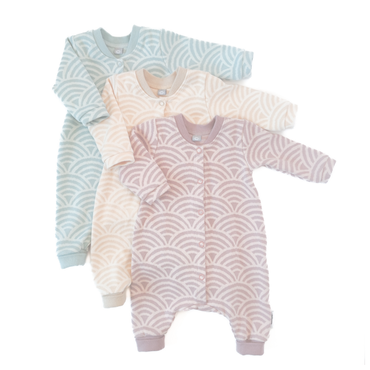 Strampler für Babys mit Wellenmuster in rosa, beige und blau