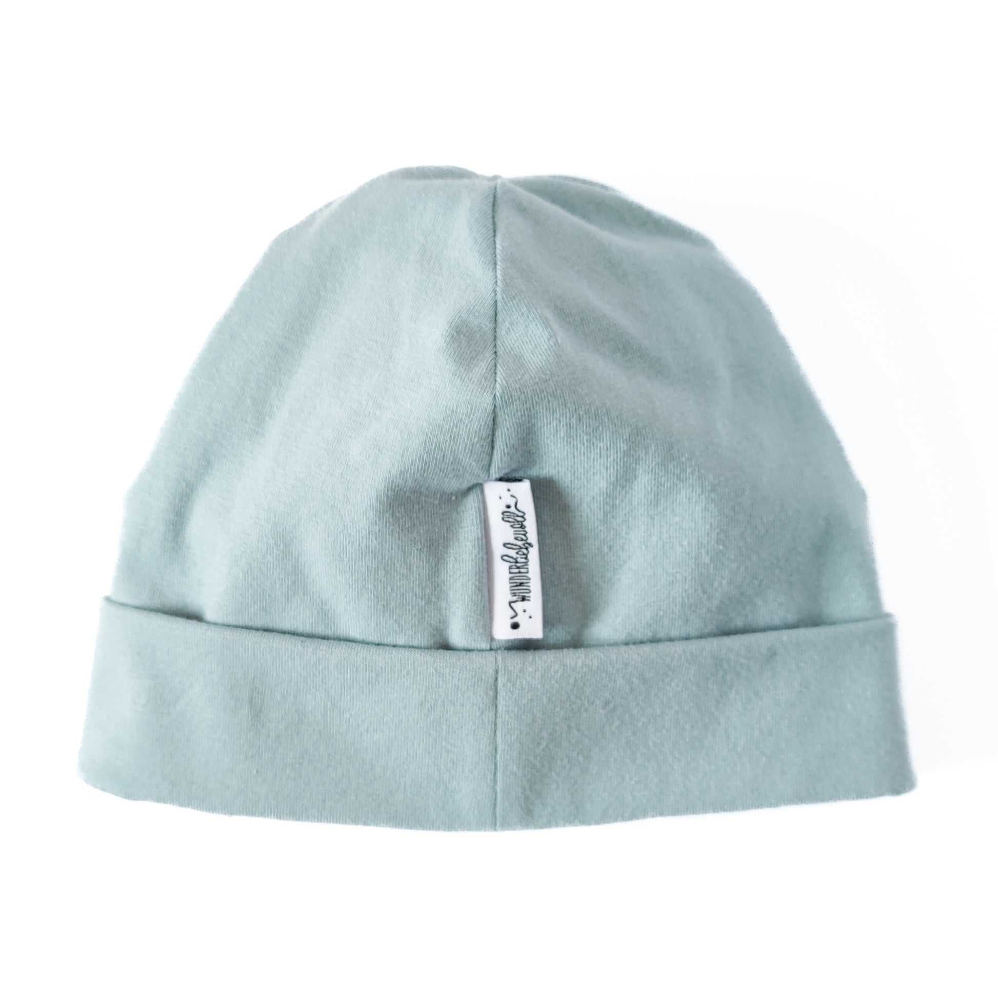 Rückansicht einer Beanie mit Umschlag in der Farbe blau